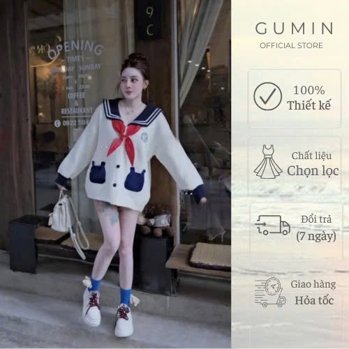 Áo len tai thỏ GUMIN thiết kế áo dáng thụng phối cổ thủy thủ kèm khăn đỏ, áo len thu đông dày dặn sang trọng