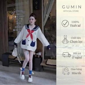 Áo len tai thỏ GUMIN thiết kế áo dáng thụng phối cổ thủy thủ kèm khăn đỏ, áo len thu đông dày dặn sang trọng