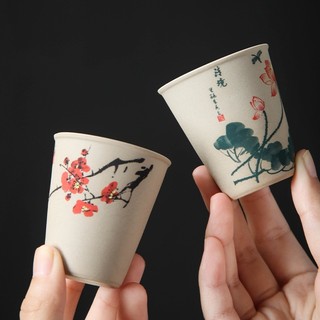 Bộ 8 Chén Trà Men Thô Cao Cấp – Họa Tiết Cổ Điển 4 Mùa Xuân Hạ Thu Đông, Quà Tặng Sang Trọng