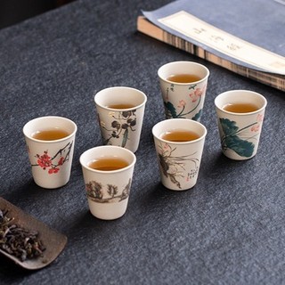 Bộ 8 Chén Trà Men Thô Cao Cấp – Họa Tiết Cổ Điển 4 Mùa Xuân Hạ Thu Đông, Quà Tặng Sang Trọng