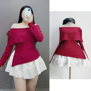 Áo Trễ Vai Bigsize Nữ (K KÈM VÁY), Áo Thun Tay Dài Nơ Buộc Tiểu Thư Dáng Vừa Chất Tăm Mềm Mịn G257