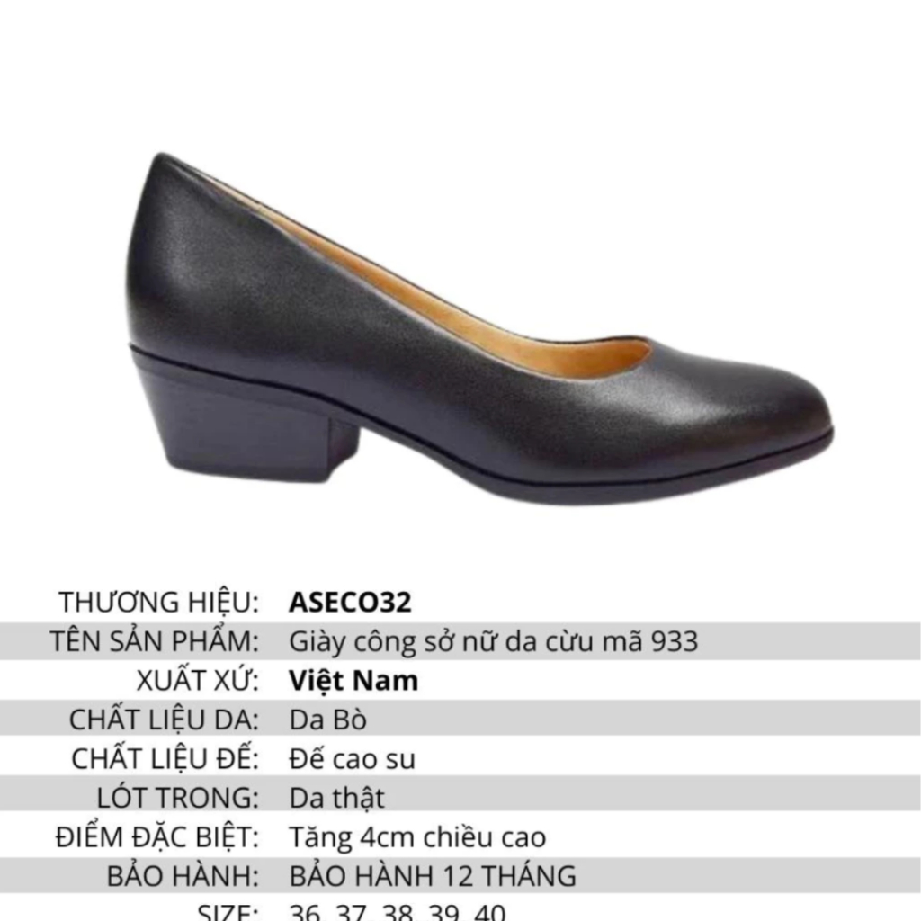 Giày Công Sở Nữ Làm Từ Chất Liệu Da Mềm Mại, Đế Cao 4cm Bền Nhẹ Nhàng, BH 12 Tháng Màu Đen - 933A