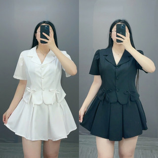 Set đồ tiểu thư bigsize nữ áo sơ mi kiểu nữ cổ vet tay bồng croptop kèm chân váy xếp ly dáng chữ A xinh xắn SET72