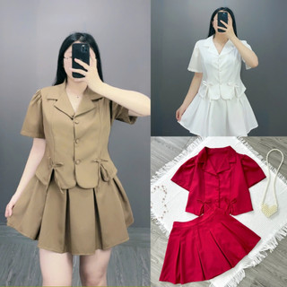 Set đồ tiểu thư bigsize nữ áo sơ mi kiểu nữ cổ vet tay bồng croptop kèm chân váy xếp ly dáng chữ A xinh xắn SET72