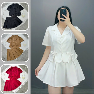 Set đồ tiểu thư bigsize nữ áo sơ mi kiểu nữ cổ vet tay bồng croptop kèm chân váy xếp ly dáng chữ A xinh xắn SET72