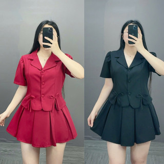 Set đồ tiểu thư bigsize nữ áo sơ mi kiểu nữ cổ vet tay bồng croptop kèm chân váy xếp ly dáng chữ A xinh xắn SET72