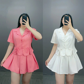 Set đồ tiểu thư bigsize nữ áo sơ mi kiểu nữ cổ vet tay bồng croptop kèm chân váy xếp ly dáng chữ A xinh xắn SET72