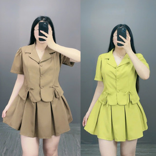 Set đồ tiểu thư bigsize nữ áo sơ mi kiểu nữ cổ vet tay bồng croptop kèm chân váy xếp ly dáng chữ A xinh xắn SET72