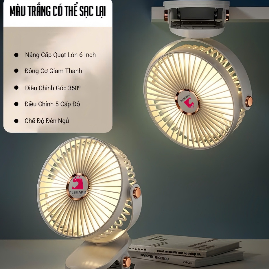 Quạt tích điện PTLUXURY kẹp bàn mini để bàn có đèn led pin 5000 MHA Và 10000 MHA [ HÀNG CHÍNH HÃNG ]