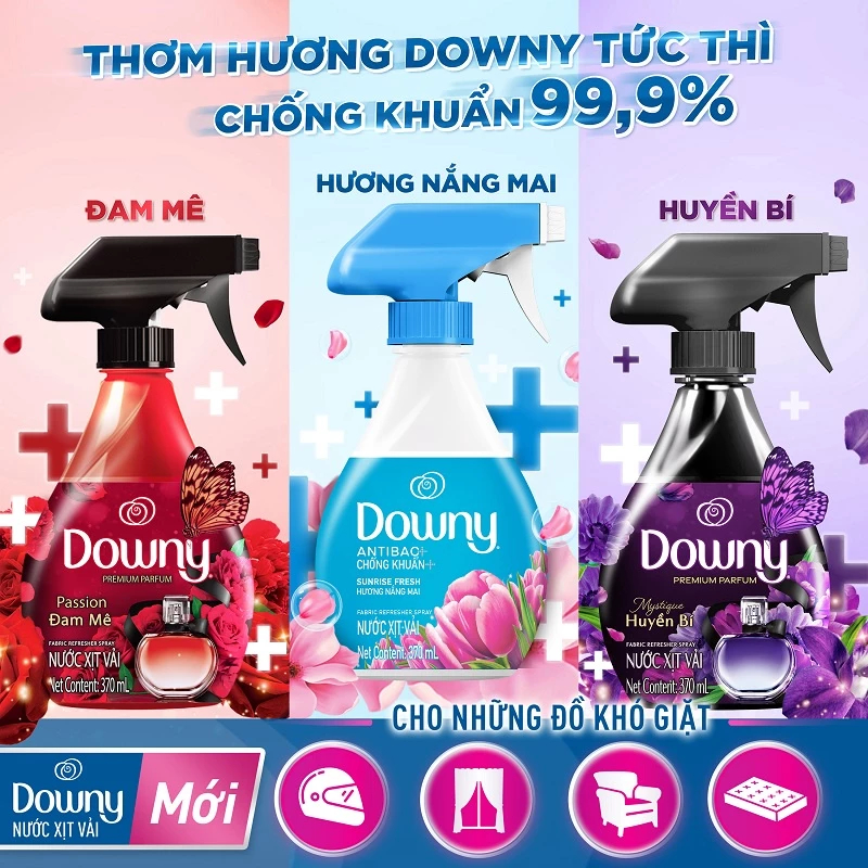 Xịt Vải DOWNY Khử Mùi Và Chống Khuẩn 99.9% Hương Nắng Mai/ Huyền Bí/ Đam Mê Chai 370ml