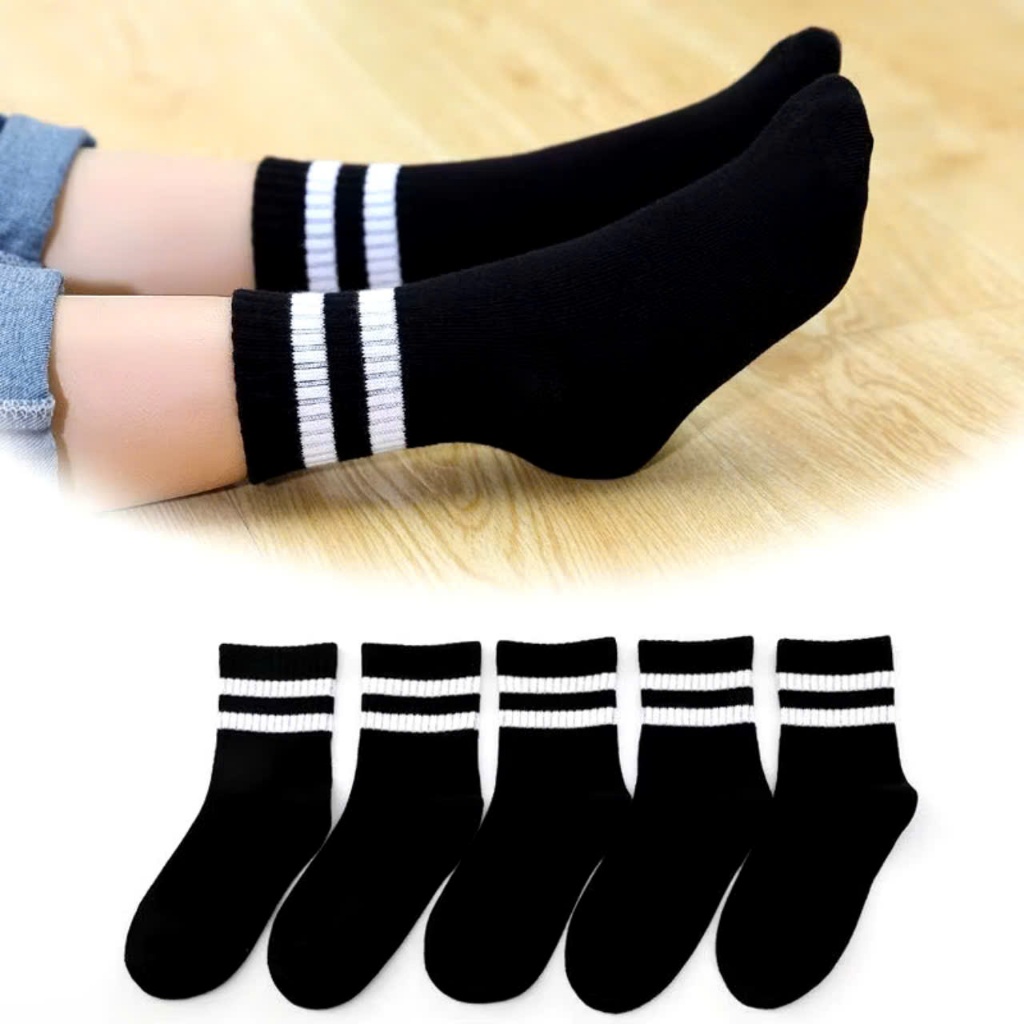 Sét 10 đôi tất kẻ sọc cho bé, Tất đen trắng ghi chất cotton cho bé 2-15 tuổi