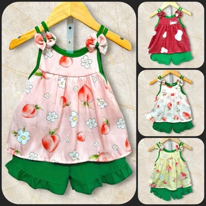 Set đồ 2 dây cho bé gái từ 7 - 13kg, vải đũi may 2 lớp êm, mềm, phối nơ rất xinh
