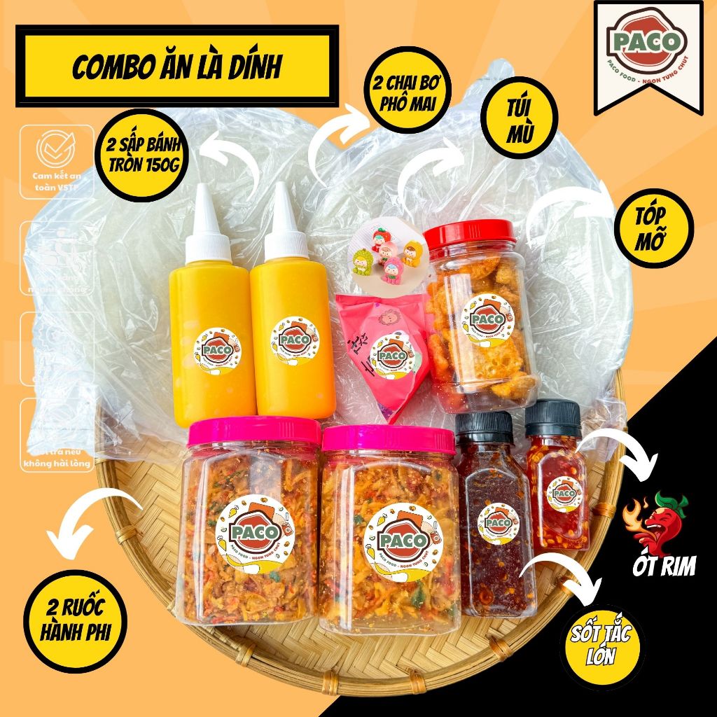 Combo bánh tráng phơi sương Ăn Là Dính PACO FOOD kèm 2 hủ ruốc hành phi 3 chai bơ phô mai 1 hủ tóp mỡ