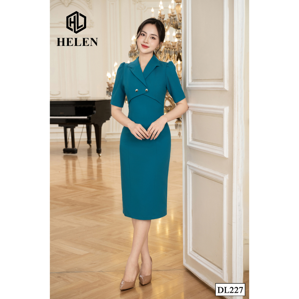 Đầm công sở HELEN thiết kế dáng ôm màu xanh cách điệu cỏ vest DL227