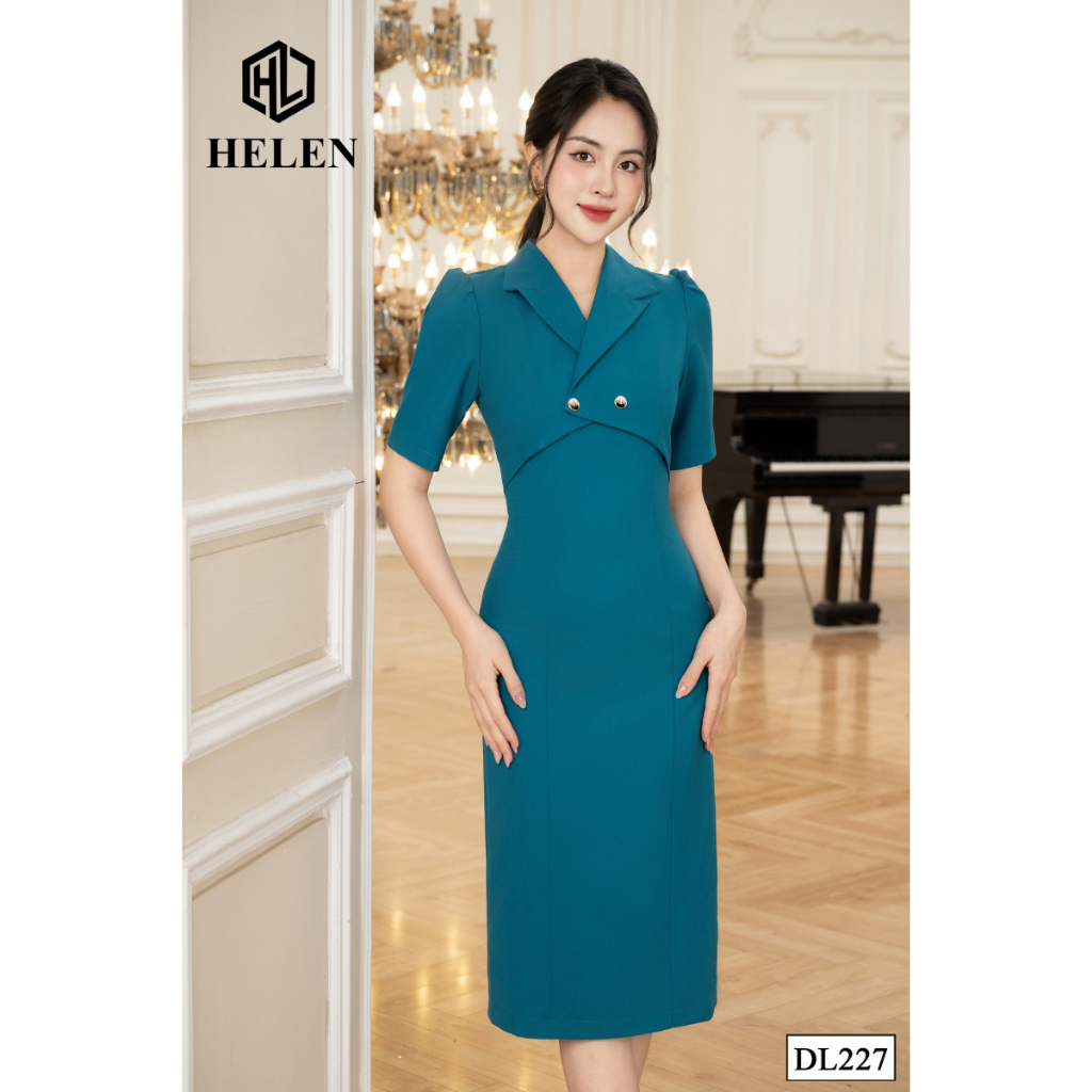 Đầm công sở HELEN thiết kế dáng ôm màu xanh cách điệu cỏ vest DL227