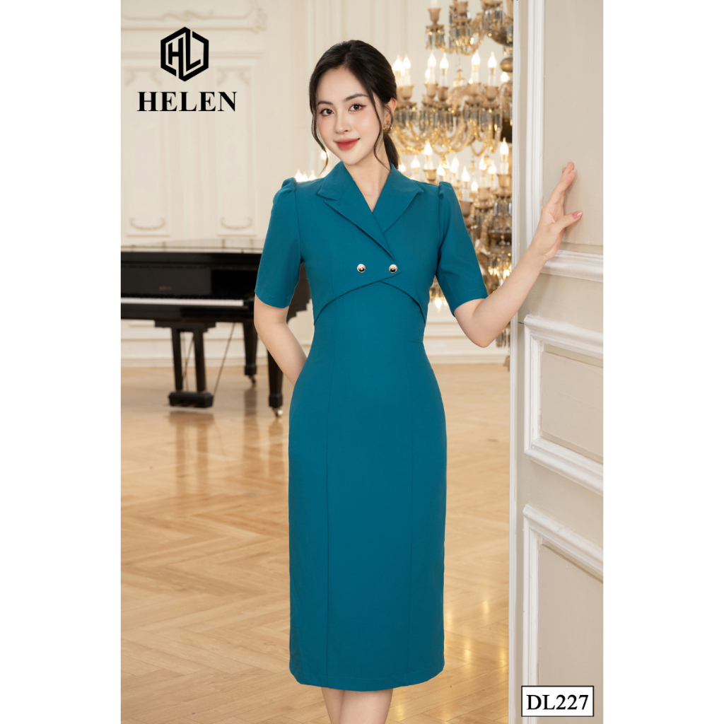 Đầm công sở HELEN thiết kế dáng ôm màu xanh cách điệu cỏ vest DL227