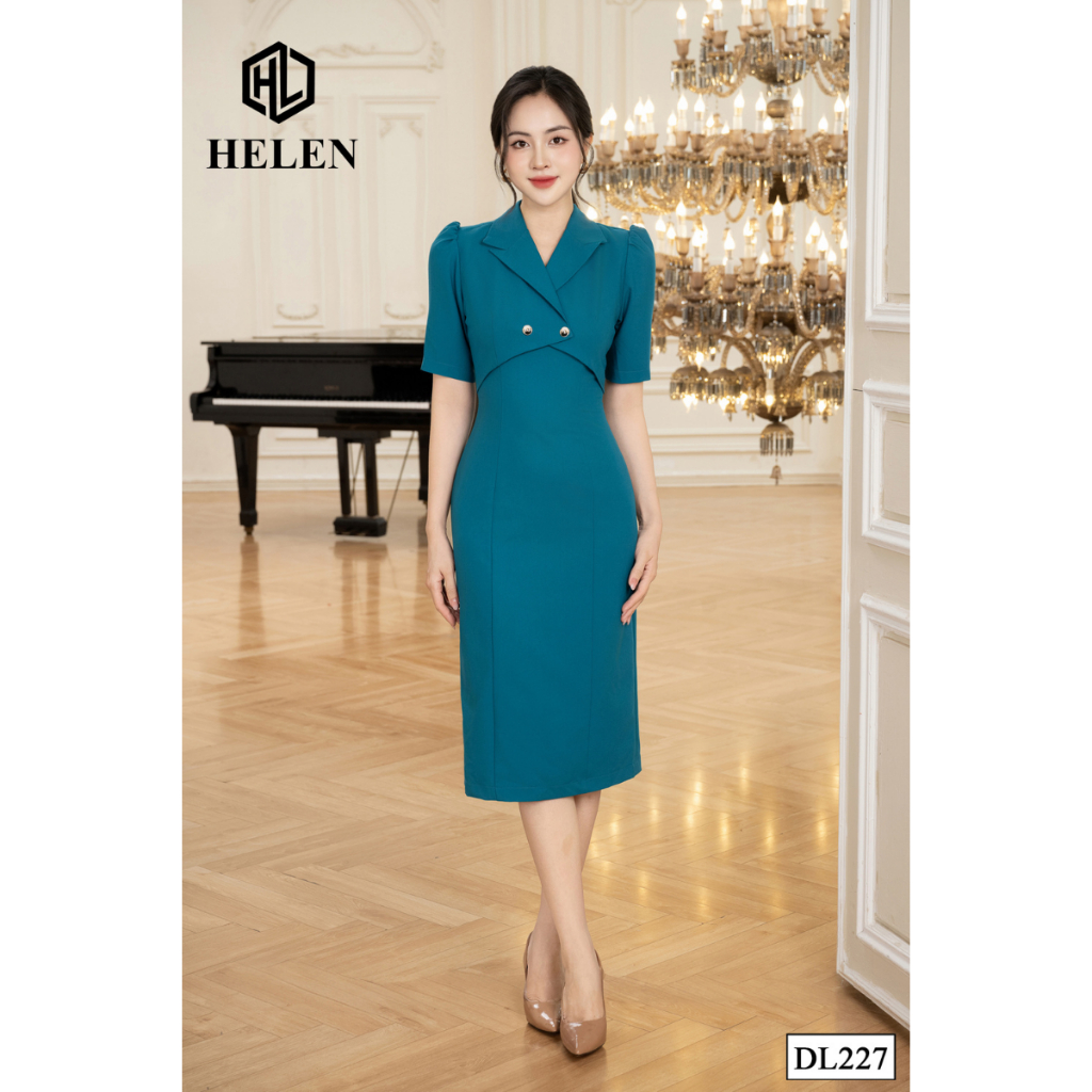 Đầm công sở HELEN thiết kế dáng ôm màu xanh cách điệu cỏ vest DL227
