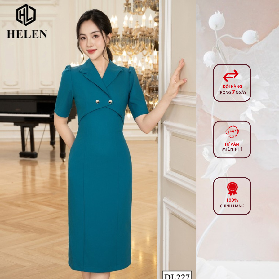 Đầm công sở HELEN thiết kế dáng ôm màu xanh cách điệu cỏ vest DL227