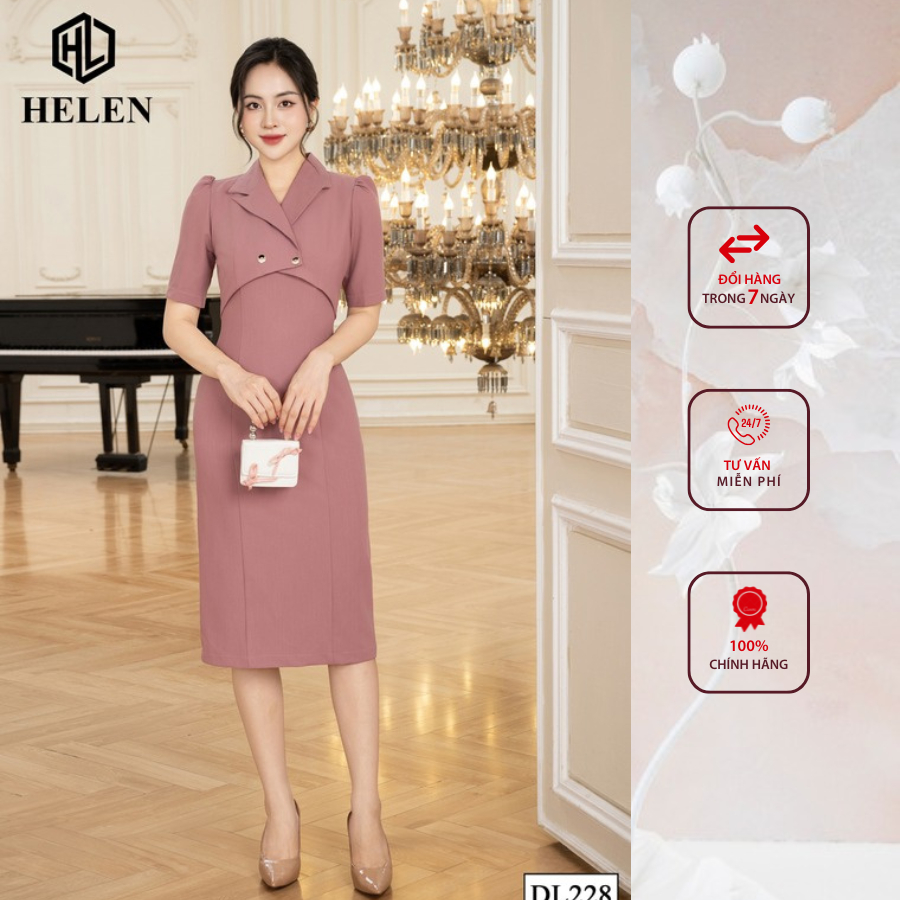 Đầm công sở HELEN thiết kế dáng ôm màu hồng đỗ cách điệu cổ vest DL228