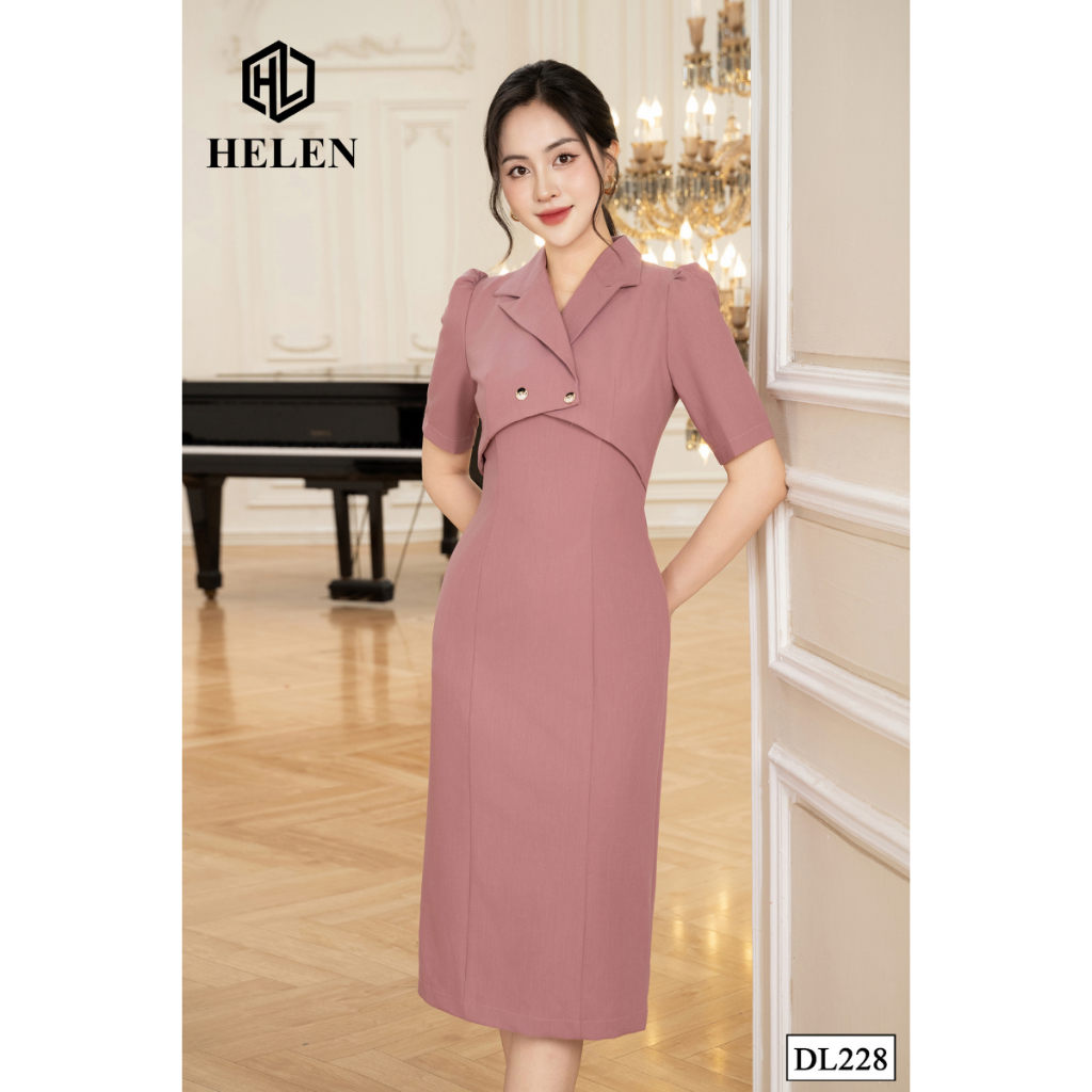 Đầm công sở HELEN thiết kế dáng ôm màu hồng đỗ cách điệu cổ vest DL228