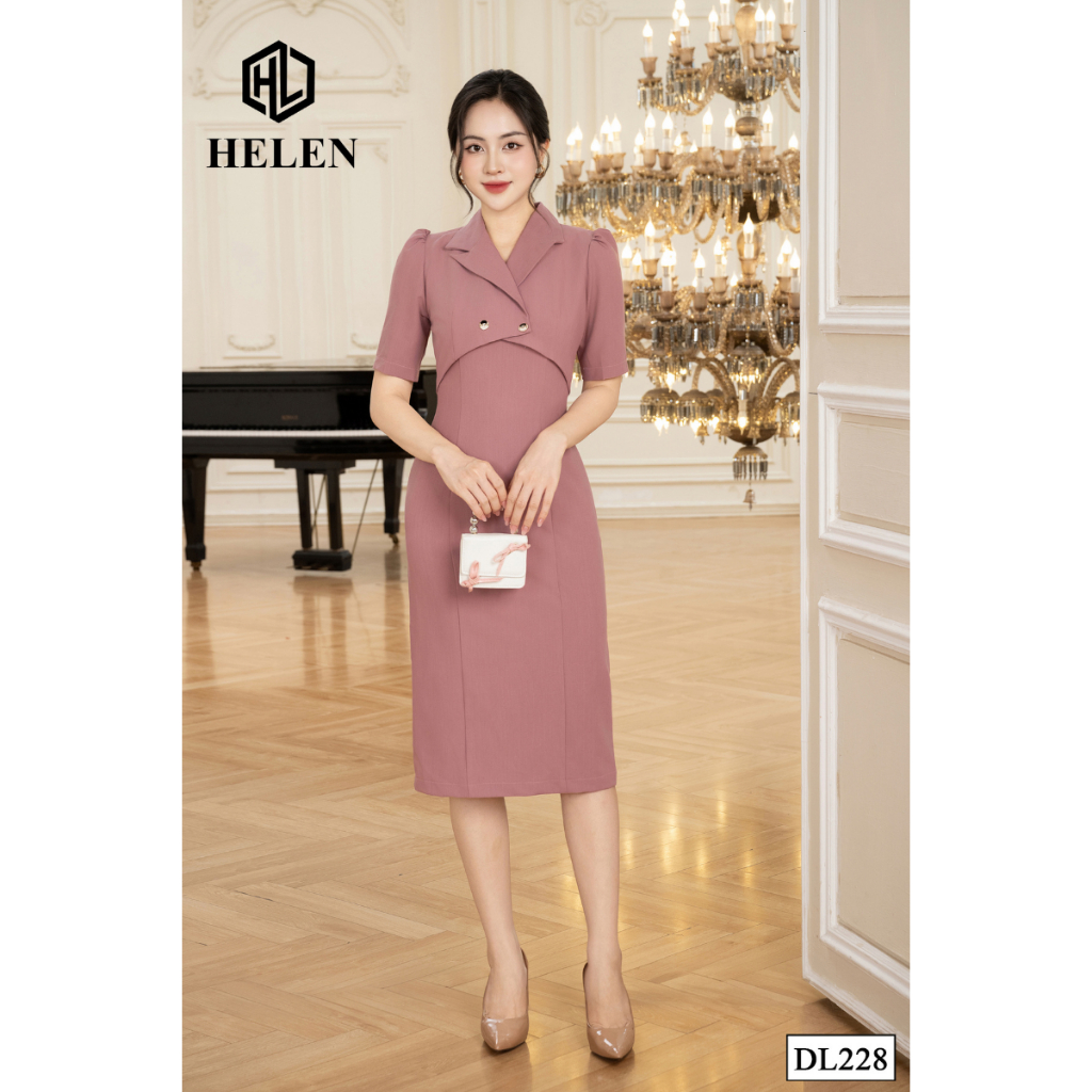 Đầm công sở HELEN thiết kế dáng ôm màu hồng đỗ cách điệu cổ vest DL228