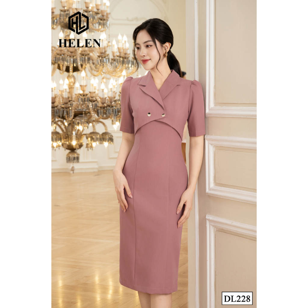 Đầm công sở HELEN thiết kế dáng ôm màu hồng đỗ cách điệu cổ vest DL228