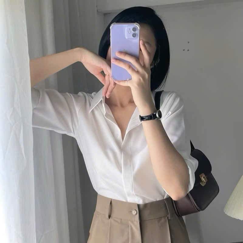 Sơ mi trắng nữ giấu cúc, chất vải oxford cao cấp, thiết kế tối giản thanh lịch kèm ảnh thật 2025