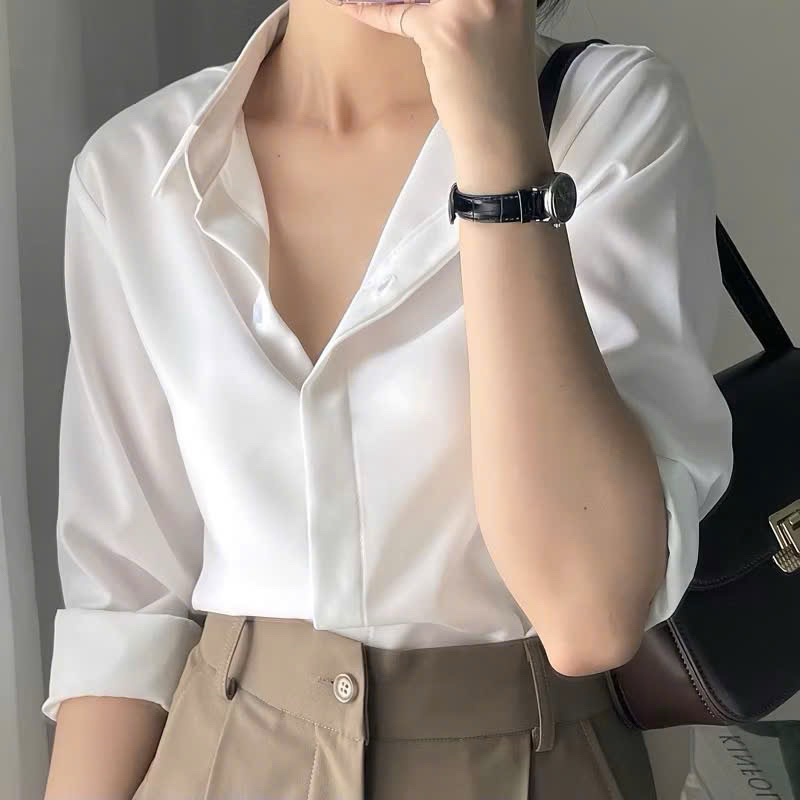 Sơ mi trắng nữ giấu cúc, chất vải oxford cao cấp, thiết kế tối giản thanh lịch kèm ảnh thật 2025