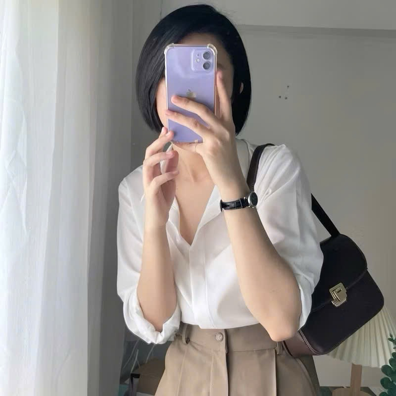 Sơ mi trắng nữ giấu cúc, chất vải oxford cao cấp, thiết kế tối giản thanh lịch kèm ảnh thật 2025