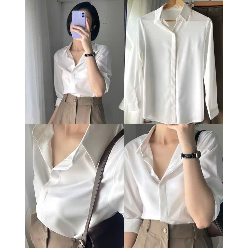 Sơ mi trắng nữ giấu cúc, chất vải oxford cao cấp, thiết kế tối giản thanh lịch kèm ảnh thật 2025
