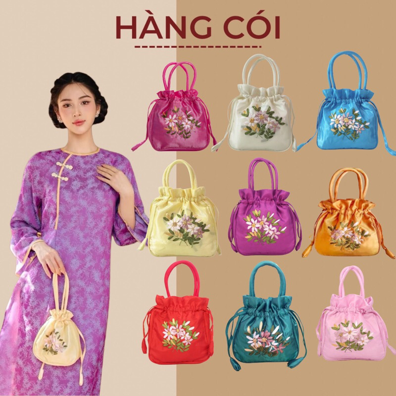 Túi lụa chụp ảnh Tết miệng rút thêu hoa văn đẹp mắt-Hàng Cói | Shopee ...