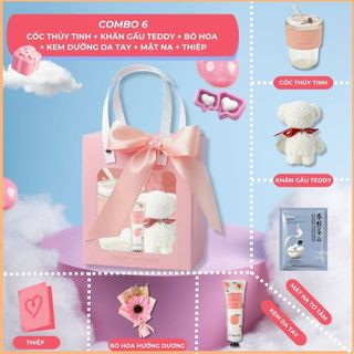 Combo Túi 8 Món Quà Tặng Màu Hồng Xinh Xắn, Set Túi Quà Tặng Ly Cốc Khăn Thiết Kế Sang Trọng, Vân Thỏ Beauty