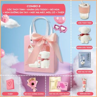 Combo Túi 8 Món Quà Tặng Màu Hồng Xinh Xắn, Set Túi Quà Tặng Ly Cốc Khăn Thiết Kế Sang Trọng, Vân Thỏ Beauty