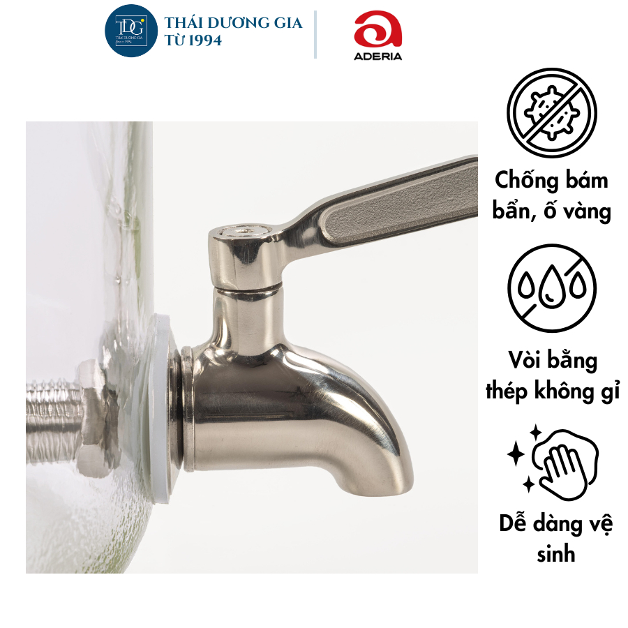 Bình ngâm thủy tinh có vòi nắp mạ niken Aderia – kèm đế gỗ màu nâu | Thái Dương Gia