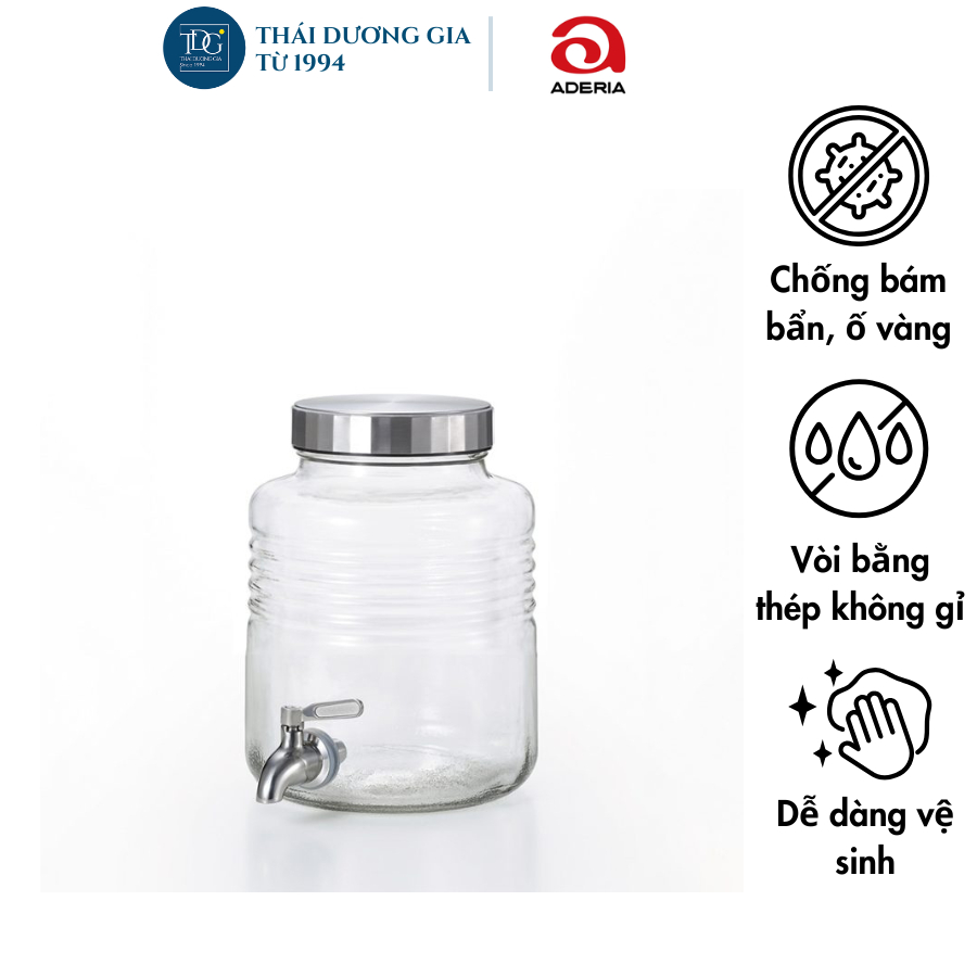 Bình ngâm thủy tinh có vòi nắp mạ niken Aderia – kèm đế gỗ màu nâu | Thái Dương Gia