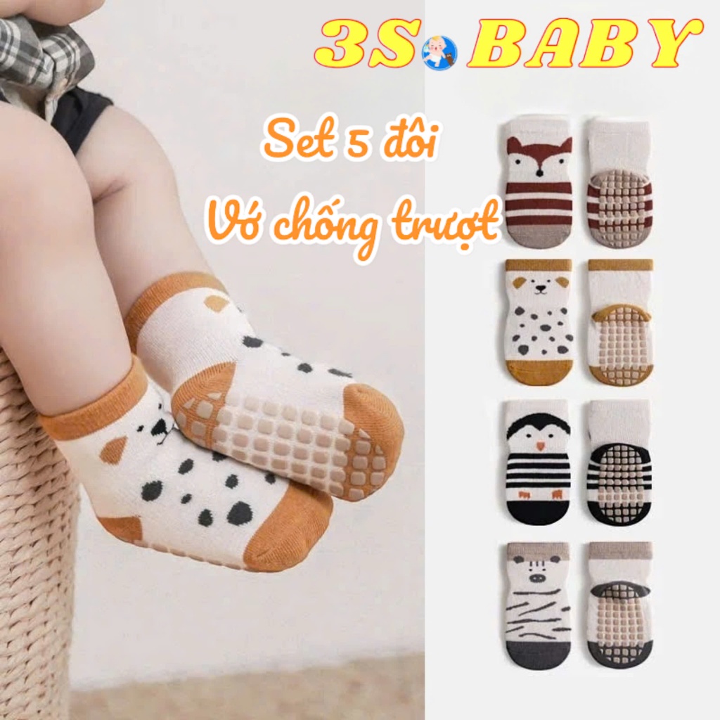 Set 5 đôi tất chống trượt cho bé 0-3 tuổi hình thú vải cotton len mềm mại BN03