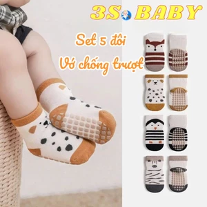 Set 5 đôi tất chống trượt cho bé 0-3 tuổi hình thú vải cotton len mềm mại BN03