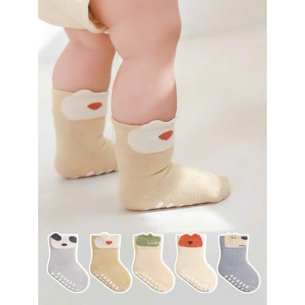 Set 5 đôi tất chống trượt cho bé 0-3 tuổi hình thú vải cotton len mềm mại BN03