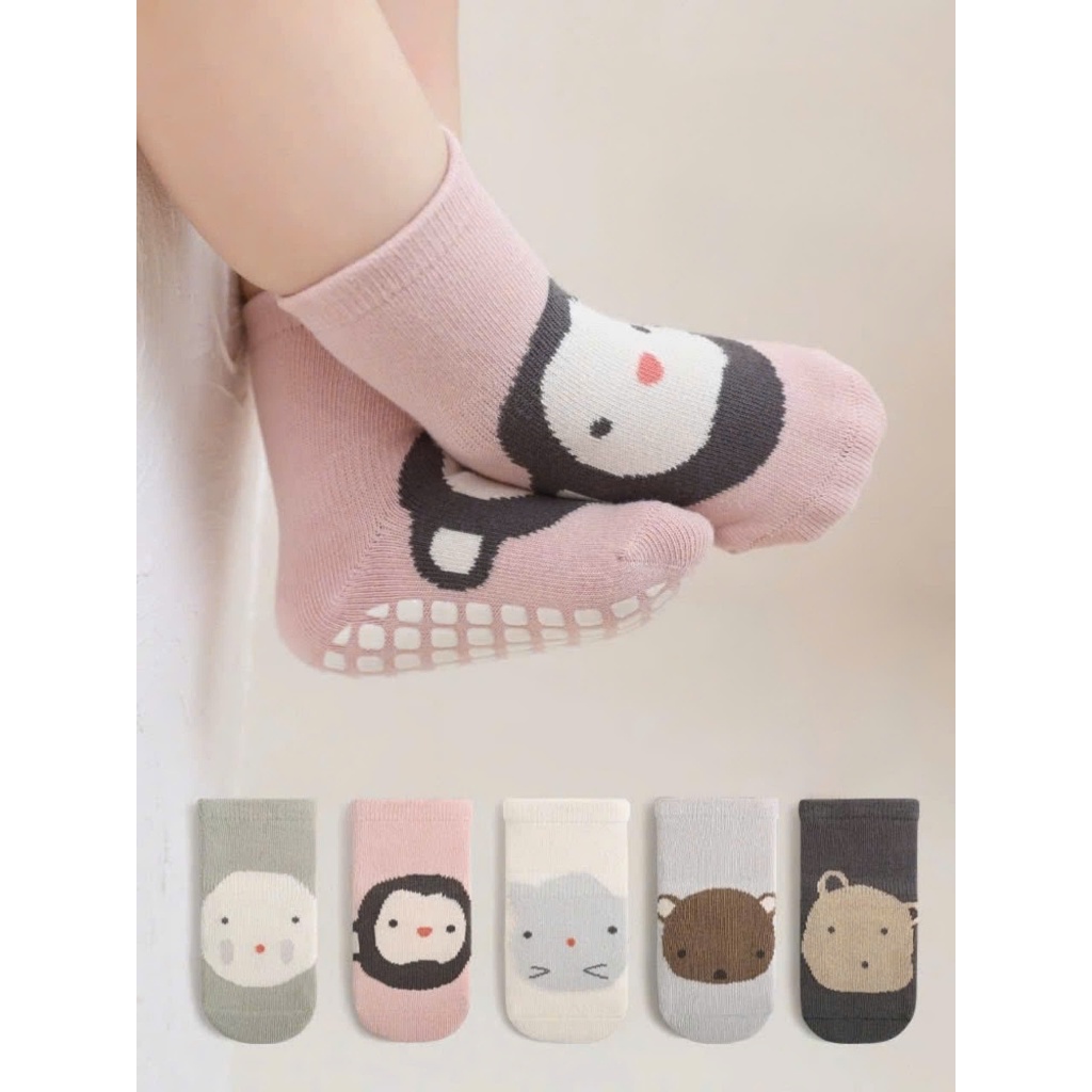 Set 5 đôi tất chống trượt cho bé 0-3 tuổi hình thú vải cotton len mềm mại BN03