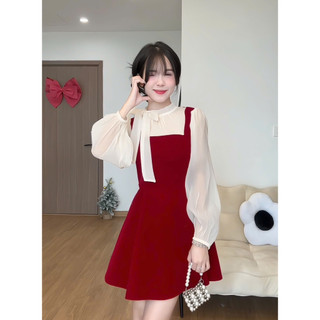 Váy nhung phối tơ tay bồng buộc nơ cổ tiểu thư Hàn Quốc