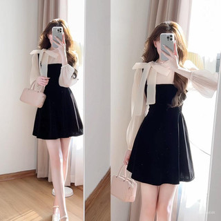 Váy nhung phối tơ tay bồng buộc nơ cổ tiểu thư Hàn Quốc