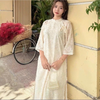 Set Áo Dài Lông Vũ Buộc Nơ Cách Điệu Kèm Quần Lụa Siêu Xinh