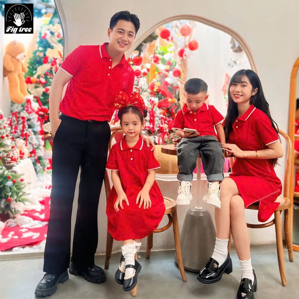 Combo Gia Đình Fig Tree Thun Polo Màu Đỏ Vải Cá Sấu Co Giãn 4 Chiều, Hàng Thiết Kế, Nhiều size