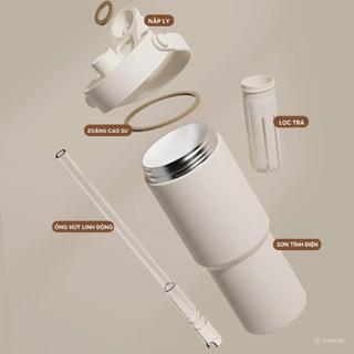 Ly giữ nhiệt Simply cao cấp Inox 316 Phủ Sứ, cốc giữ nhiệt Fan House 735ml ống hút thủy tinh