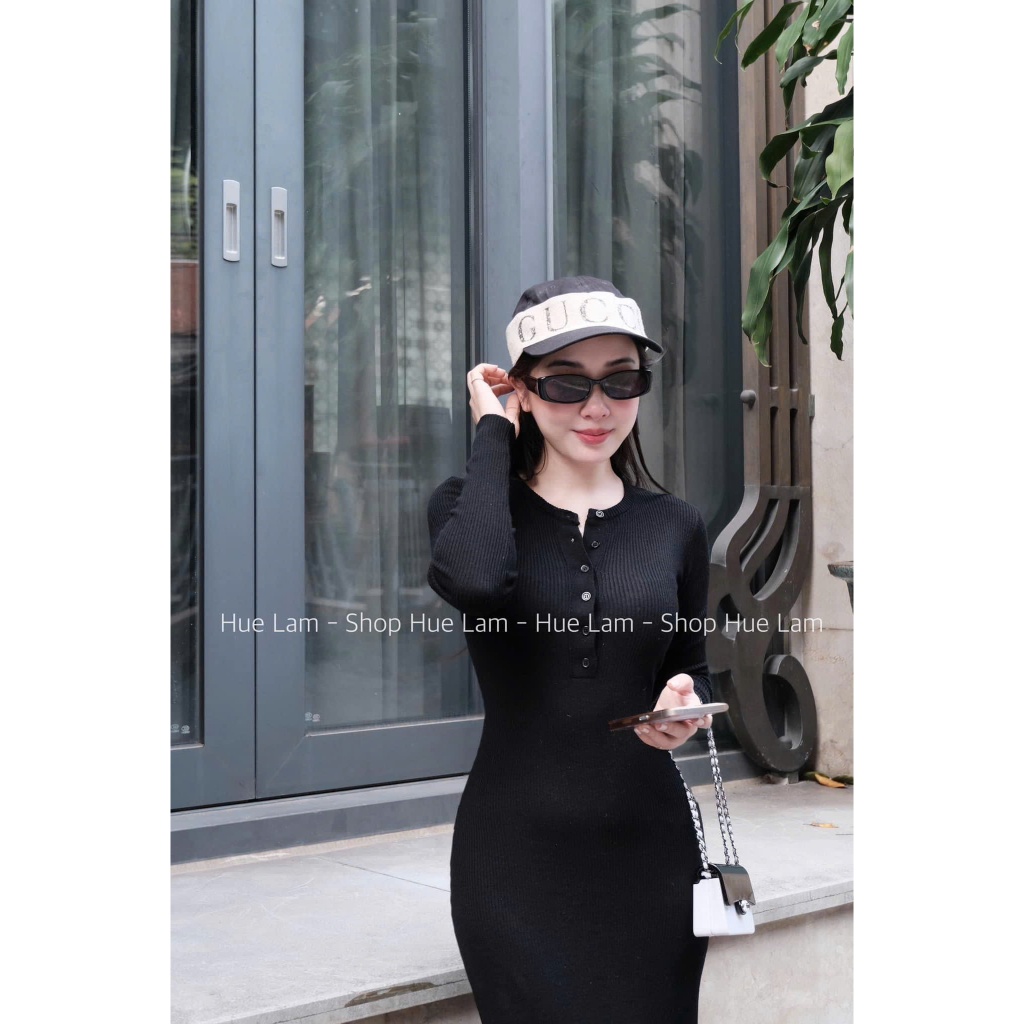 Đầm váy body dài tay dáng dài cổ tròn phối khuy, ￼Váy len tăm body cổ tròn sang chảnh