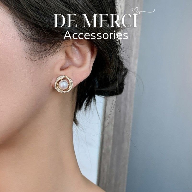Khuyên tai nữ DE MERCI ACCESSORIES phủ bóng phụ kiện trang sức hạt ngọc trai nữ cá tính BT