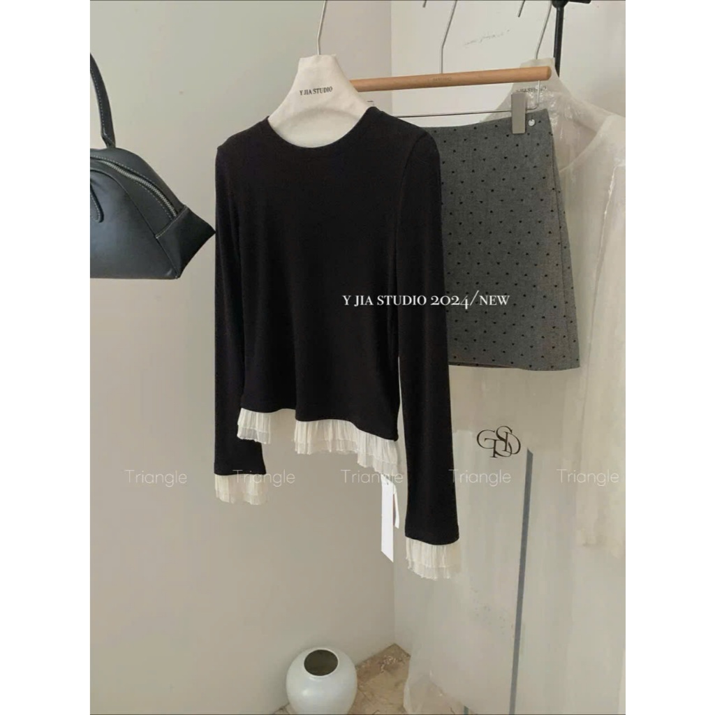 Triangle - Tini flower knitted (Cân nhắc kỹ, return is not welcomed) Áo thun dài tay phối bèo nhún Hàn Quốc
