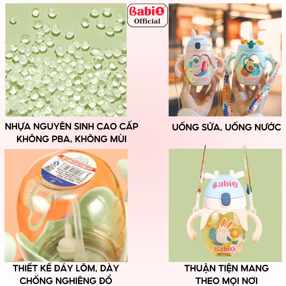 [Tặng 2 Quà] Bình Nước Cho Bé Babi1 350ml Có Tay Cầm, Bình Đựng Nước Cho Bé Tập Uống Đi Học, Nhà Trẻ