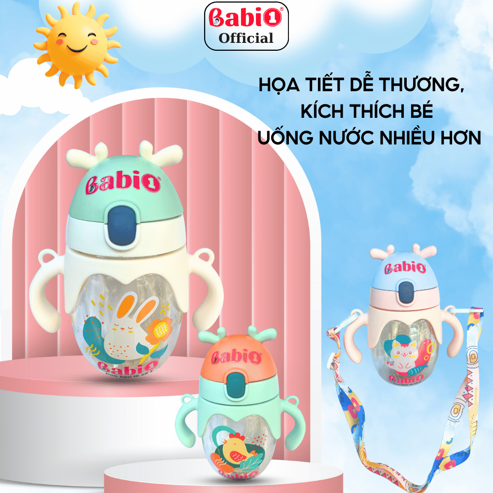 [Tặng 2 Quà] Bình Nước Cho Bé Babi1 350ml Có Tay Cầm, Bình Đựng Nước Cho Bé Tập Uống Đi Học, Nhà Trẻ
