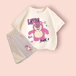 Set Bộ Quần Áo Đáng Yêu Hình Gấu Hồng Lotso Footh, Vải Cotton Mềm Mịn Co Giãn Dành Cho Bé (M 18)